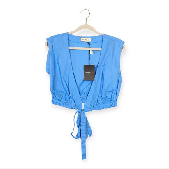 NWT Nicholas Blue Tarla Tie Hem Cotton Blouse - Picture 1 of 8